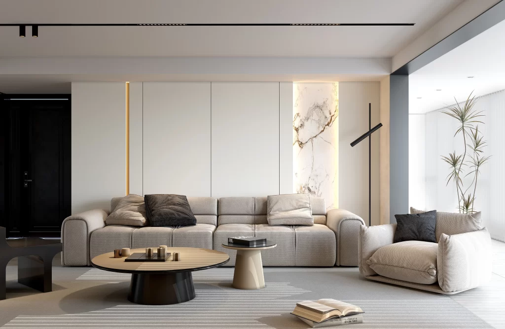 Modern Living Room Neutral Color Scheme Minimalist Design Soft Lighting Comfortable Seating