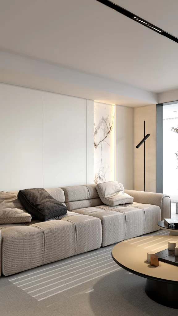 Modern Living Room Neutral Color Scheme Minimalist Design Soft Lighting Marble Accent