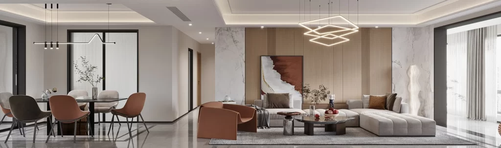 Modern Living Room Neutral Tones Minimalist Design Geometric Lighting Artistic Wall
