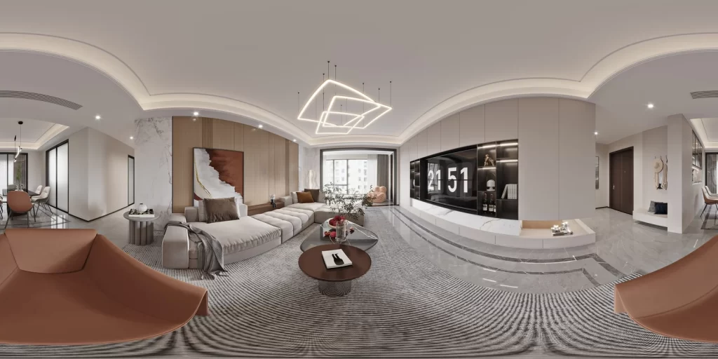 Modern Living Room Neutral Tones Minimalist Design Geometric Lighting Artistic Wall Decor