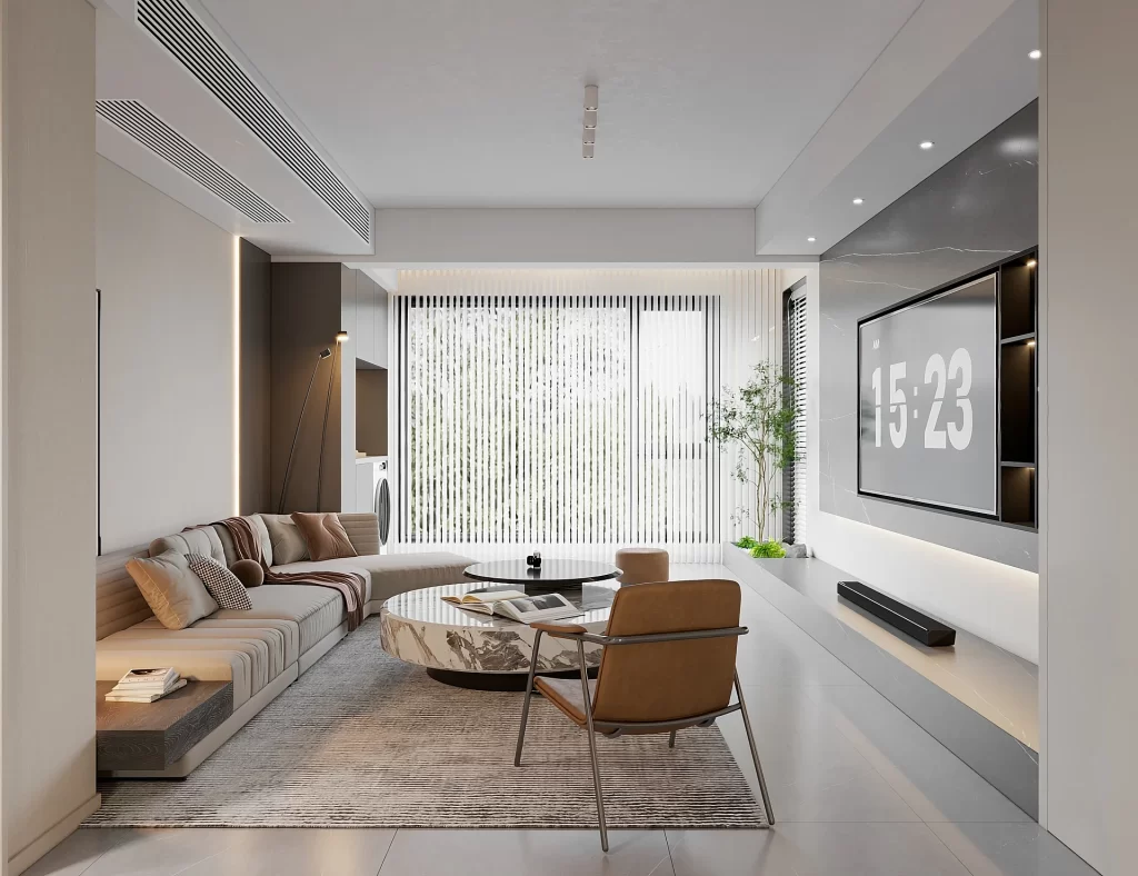 Modern Living Room Neutral Tones Minimalist Design Large Windows Contemporary Furniture