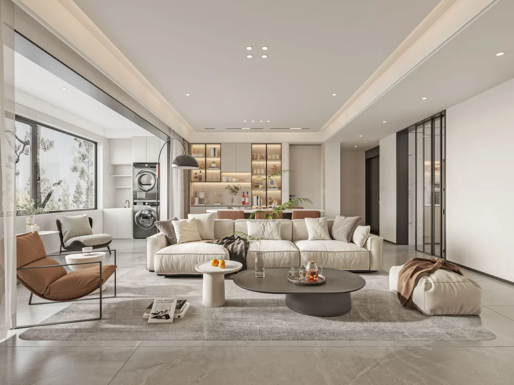 Modern Living Room Neutral Tones Minimalist Design Open Space Natural Light