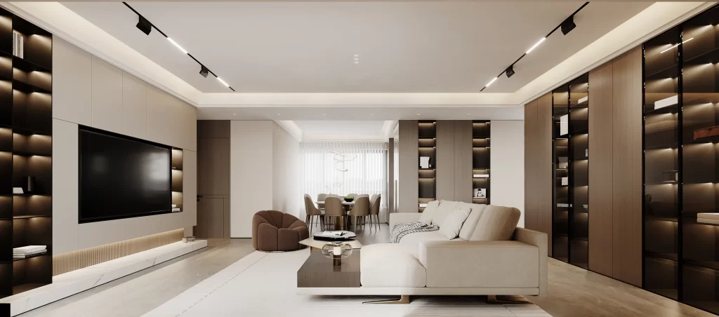 Modern Living Room Neutral Tones Minimalist Design Track Lighting Glass Shelving