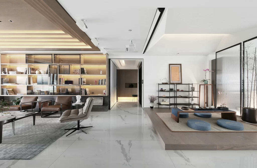 Modern Living Room Neutral Tones Minimalist Sofa Bookshelf Low Table