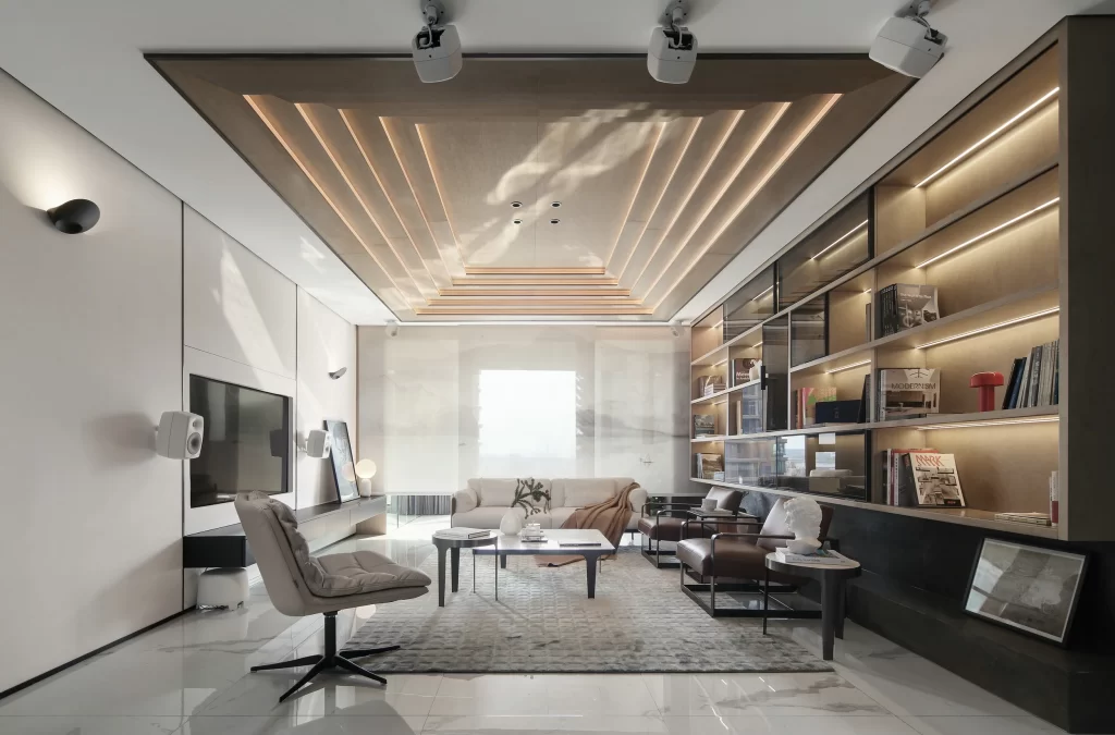 Modern Living Room Neutral Tones Minimalist Sofa Bookshelf Recessed Lighting