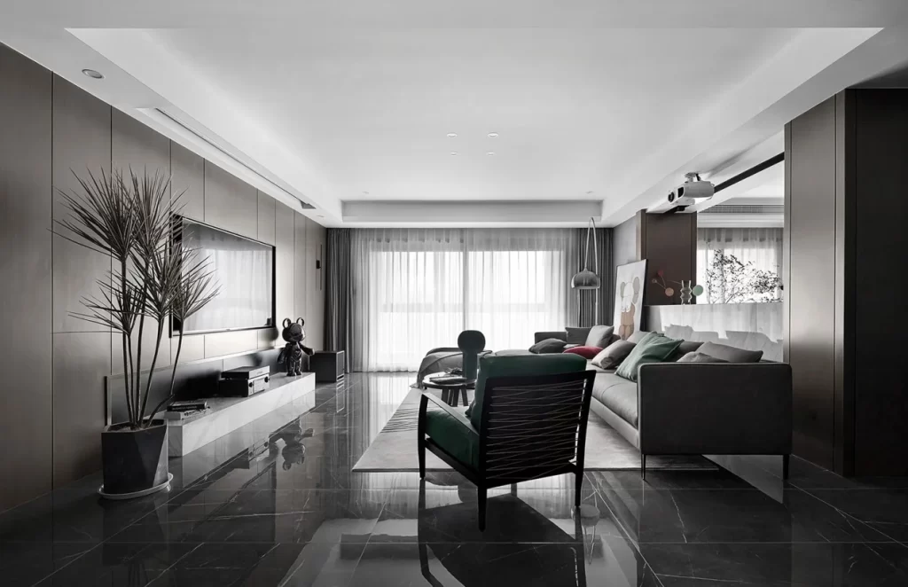 Modern Living Room Neutral Tones Minimalist Sofa Green Chair Large Windows