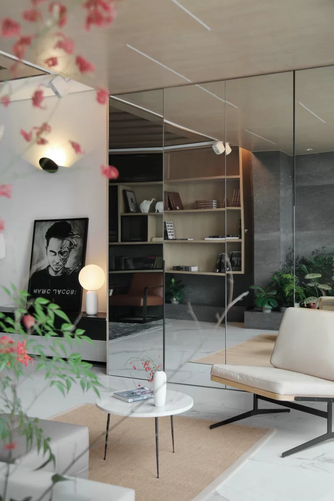 Modern Living Room Neutral Tones Minimalist Sofa Round Table Greenery