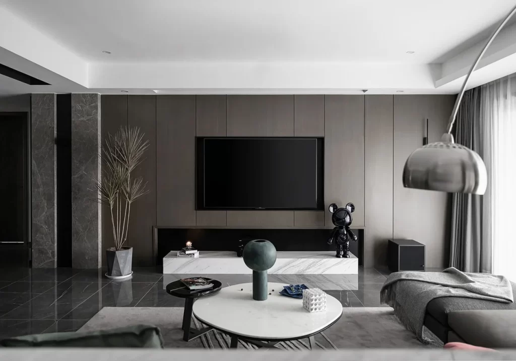 Modern Living Room Neutral Tones Minimalist Tv Console Black Coffee Table