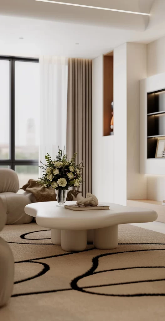 Modern Living Room White Coffee Table Neutral Color Scheme Natural Light Decorative Vase