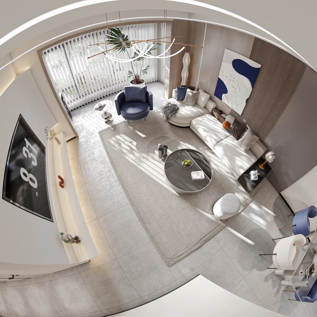 Modern Living Room White Sofa Blue Accent Chair Coffee Table Natural Light