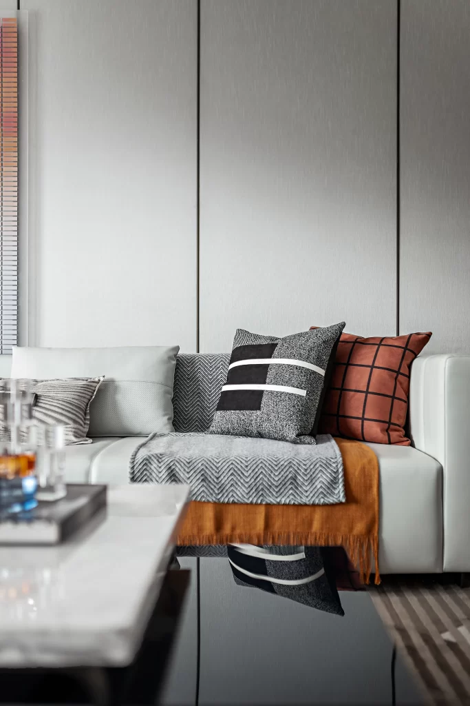 Modern Living Room White Sofa Decorative Pillows Neutral Color Palette
