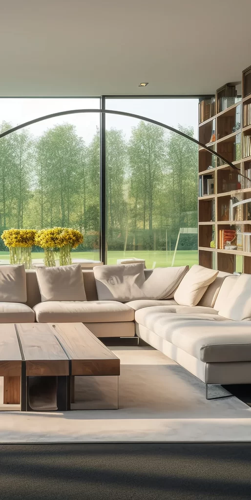 Modern Living Room with Beige Sofa and Built-in Bookshelf