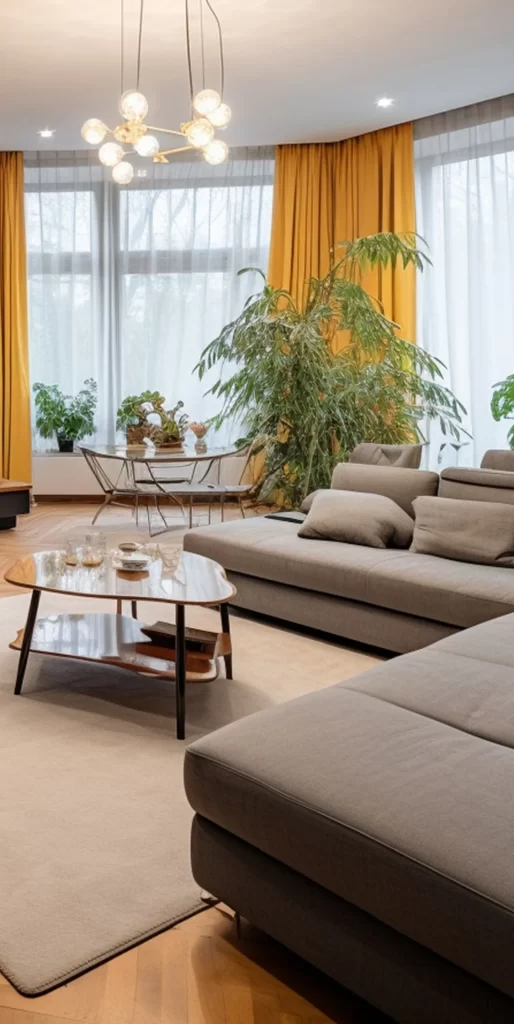 Modern Living Room with Beige Sofa and Yellow Curtains