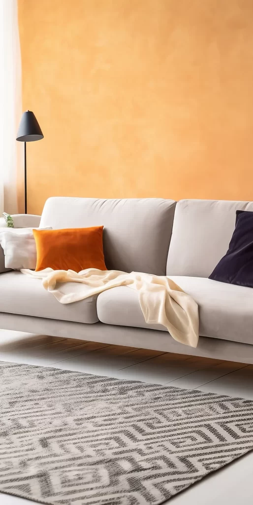 Modern Living Room With Gray Sofa And Orange Pillow