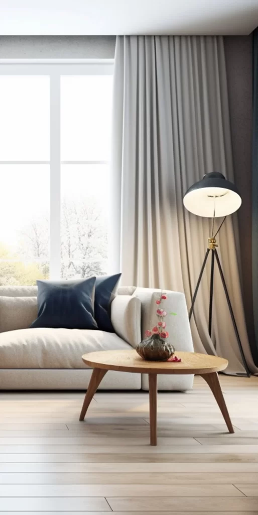 Modern Living Room with Navy Pillows and Tripod Floor Lamp