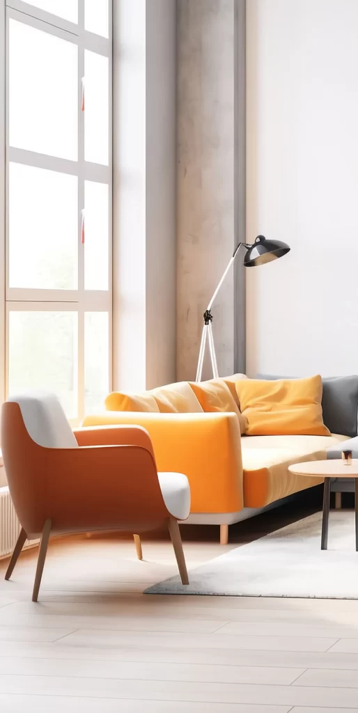 Modern Living Room With Orange Sofa And Armchair