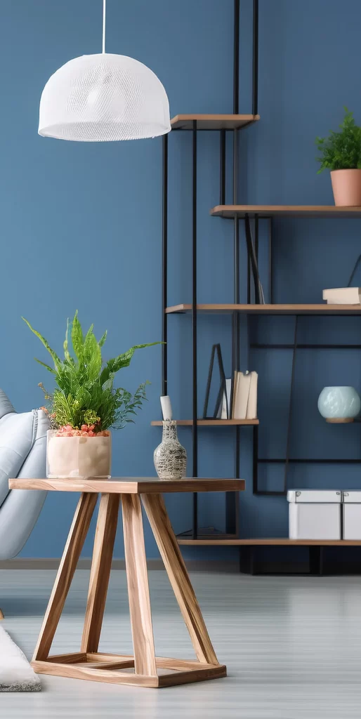 Modern Living Room with Wooden Side Table and Blue Wall