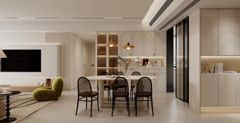 Modern Living Space Neutral Tones Minimalist Design Dining Area Open Concept