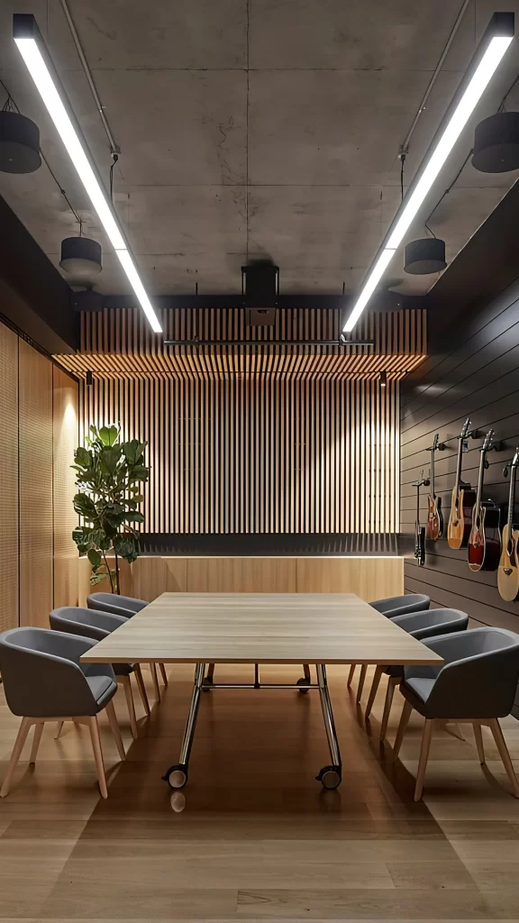 Modern Meeting Room with Wooden Slat Wall and Guitars