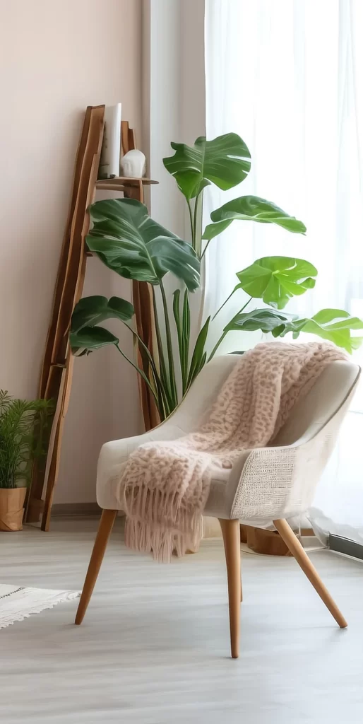 Modern Minimalist Armchair with Leopard Throw and Monstera