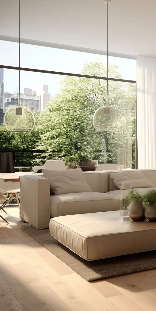 Modern Minimalist Beige Living Room with Glass Pendants