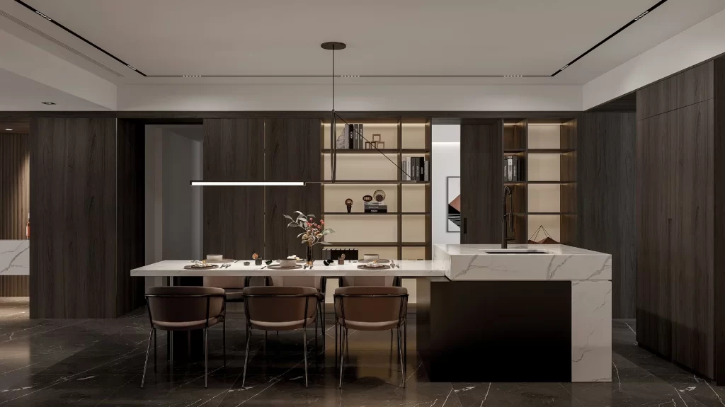 Modern Minimalist Dining Room Neutral Tones Wooden Accents
