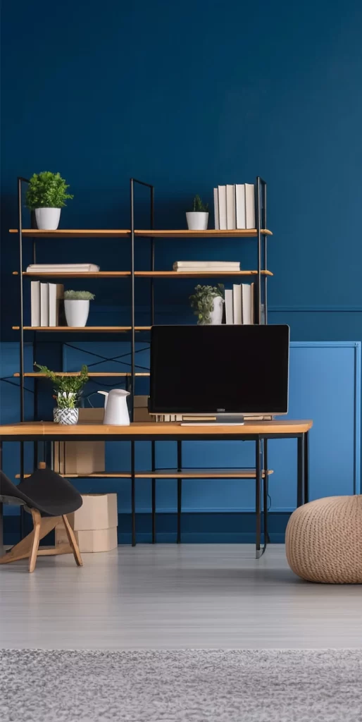 Modern Minimalist Home Office with Blue Wall and Shelving
