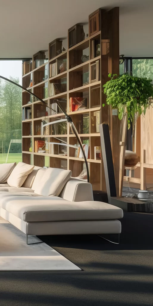Modern Minimalist Living Room with Beige Sofa and Shelf