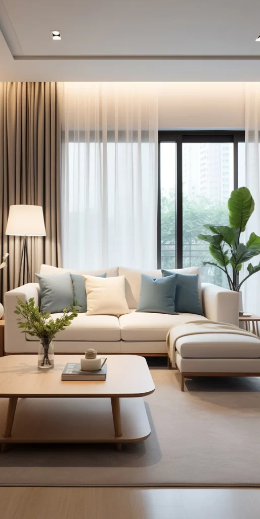 Modern Minimalist Living Room with Blue Cushions