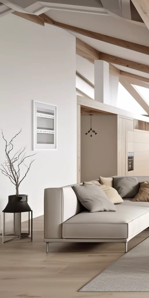 Modern Minimalist Living Room With Exposed Wooden Beams