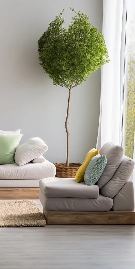 Modern Minimalist Living Room With Heart Shaped Topiary