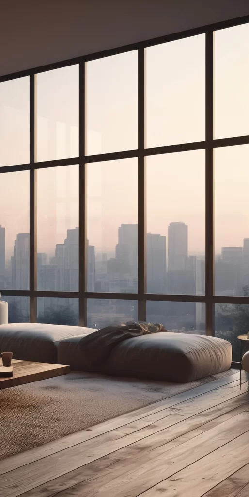Modern Minimalist Living Room With Panoramic City Skyline View