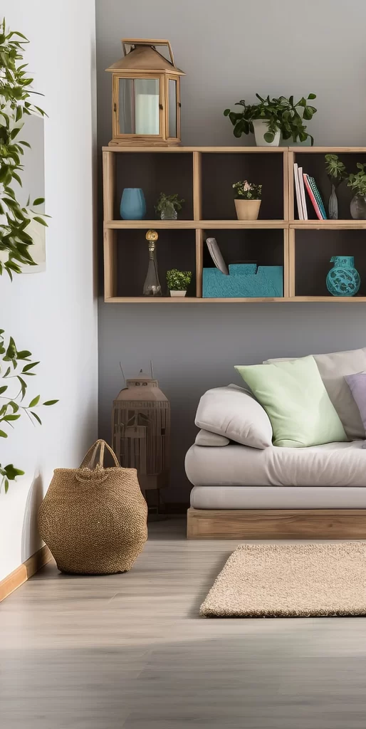 Modern Minimalist Living Room With Wooden Shelves