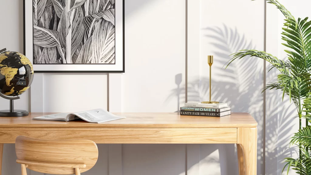 Modern Minimalist Wooden Desk Interior with Stylish Home Decor