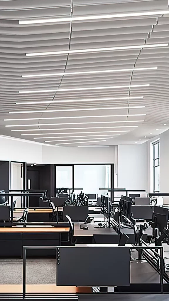 Modern Open Plan Office with Wavy Slatted Ceiling
