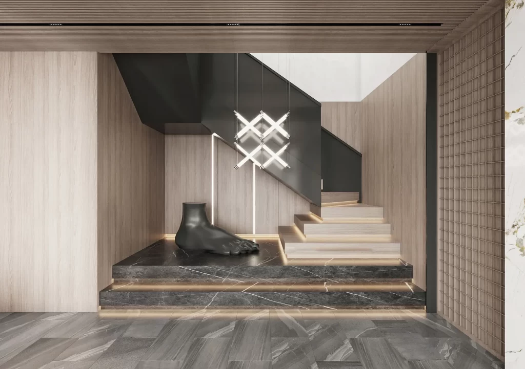 Modern Staircase Neutral Tones Sculpture Ambient Lighting