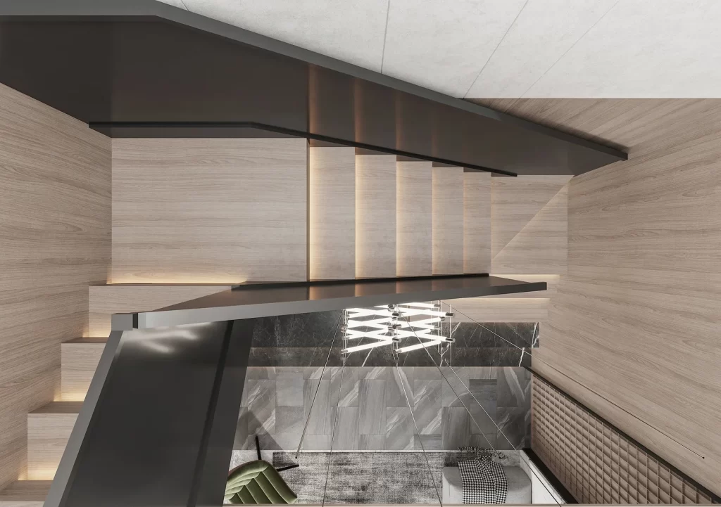 Modern Staircase Neutral Tones Wooden Paneling Contemporary Lighting