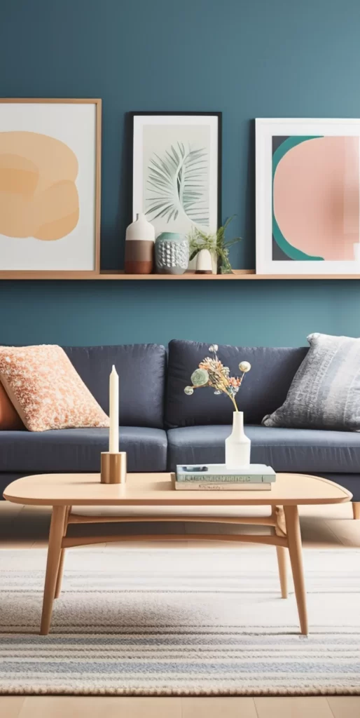 Modern Teal Living Room With Curated Wall Art