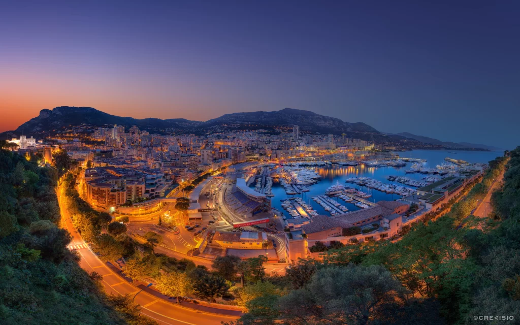 Monaco Harbor Cityscape Twilight Blue Golden Coastal Clear