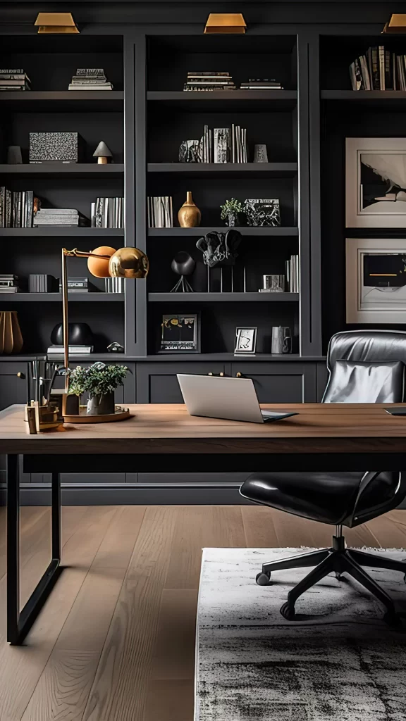 Moody Dark Academia Home Office With Library Wall
