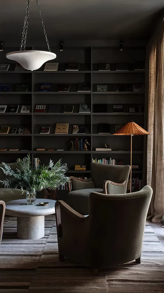 Moody Living Room with Olive Green Armchairs and Bookshelf Wall