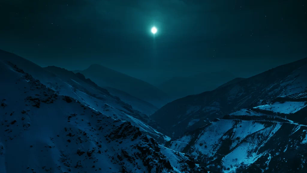 moon night mountains snow landscape serene