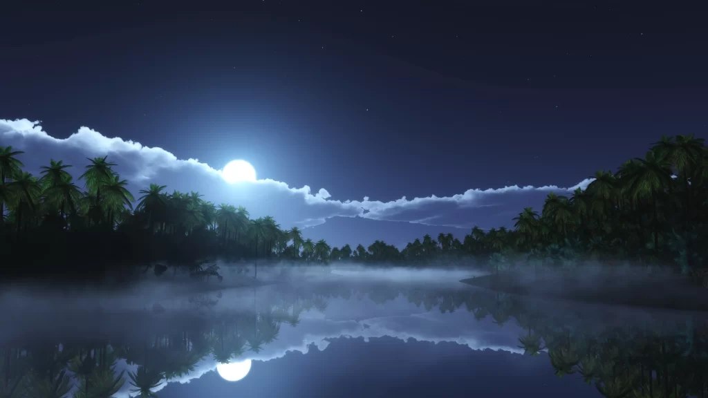 moon night sky reflection water trees