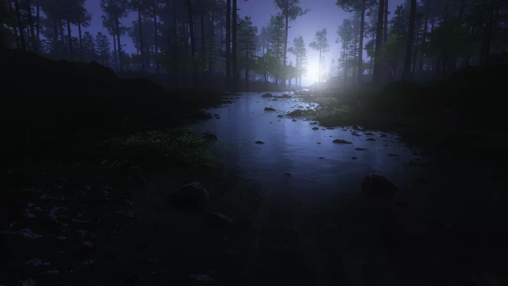 moonlight forest stream rocks mist tranquility night nature