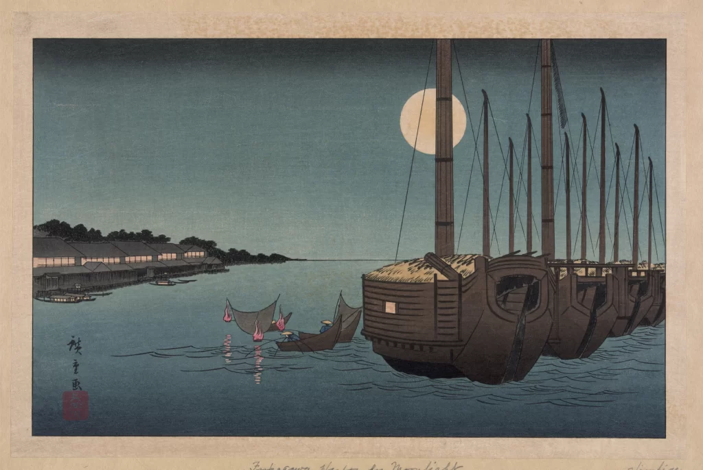 Moonlight Traditional Boats Calm Water Night Sky Japanese Art Serene