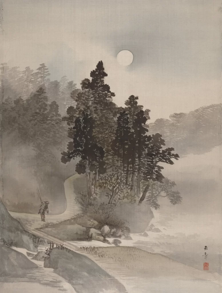 Moonlight trees mist path traveler Kawabata Gyokusho
