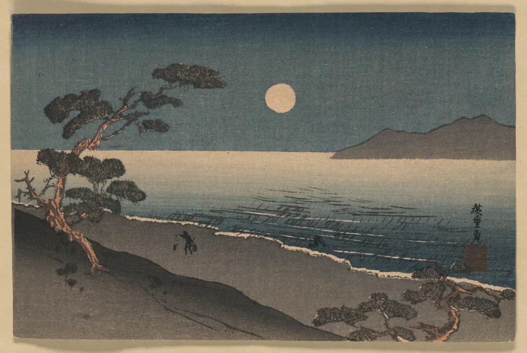 Moonlit Landscape Tranquil Sea Pine Tree Traditional Art Serene Night