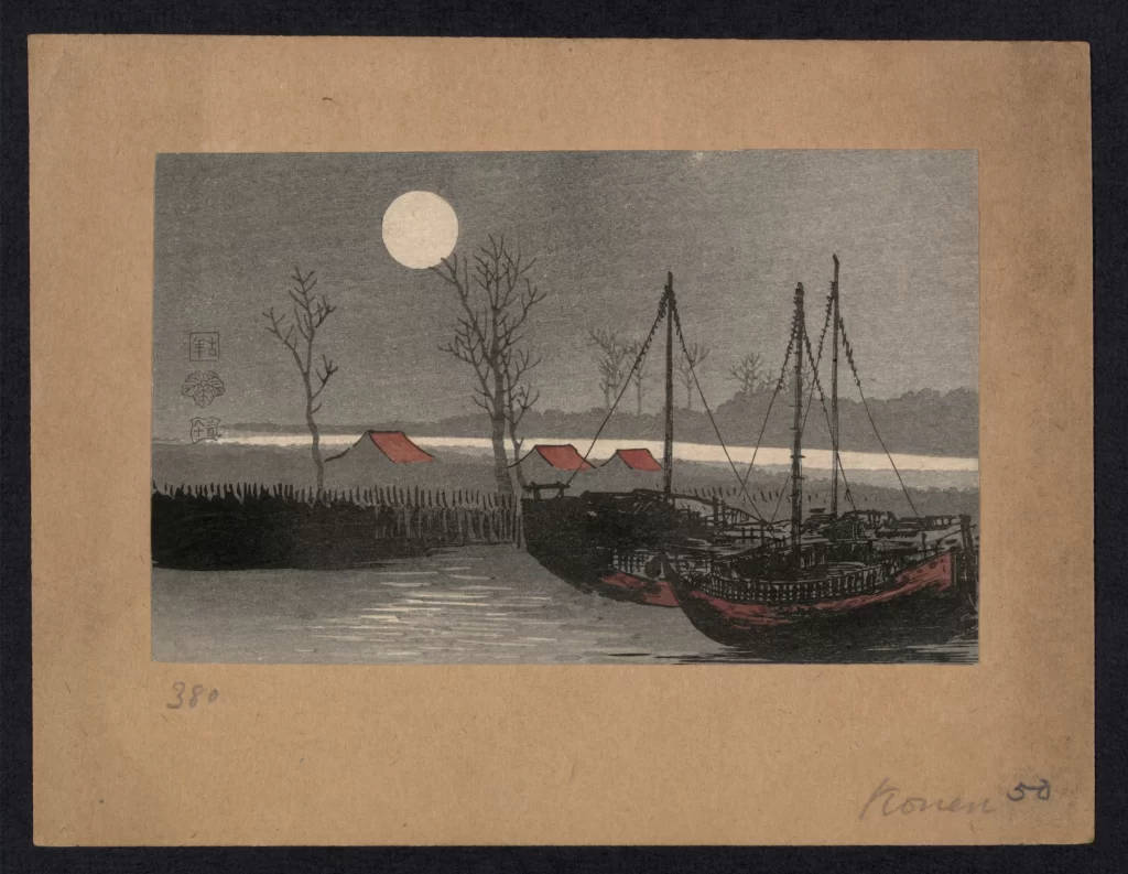 Moonlit Night Traditional Boats Red Accents Serene Landscape Japanese Art Style