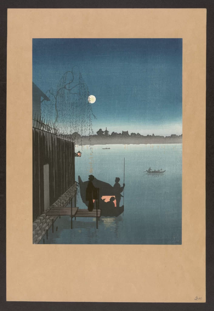 Moonlit Night Tranquil Waters Traditional Boat Willow Tree Soft Colors Serene Landscape