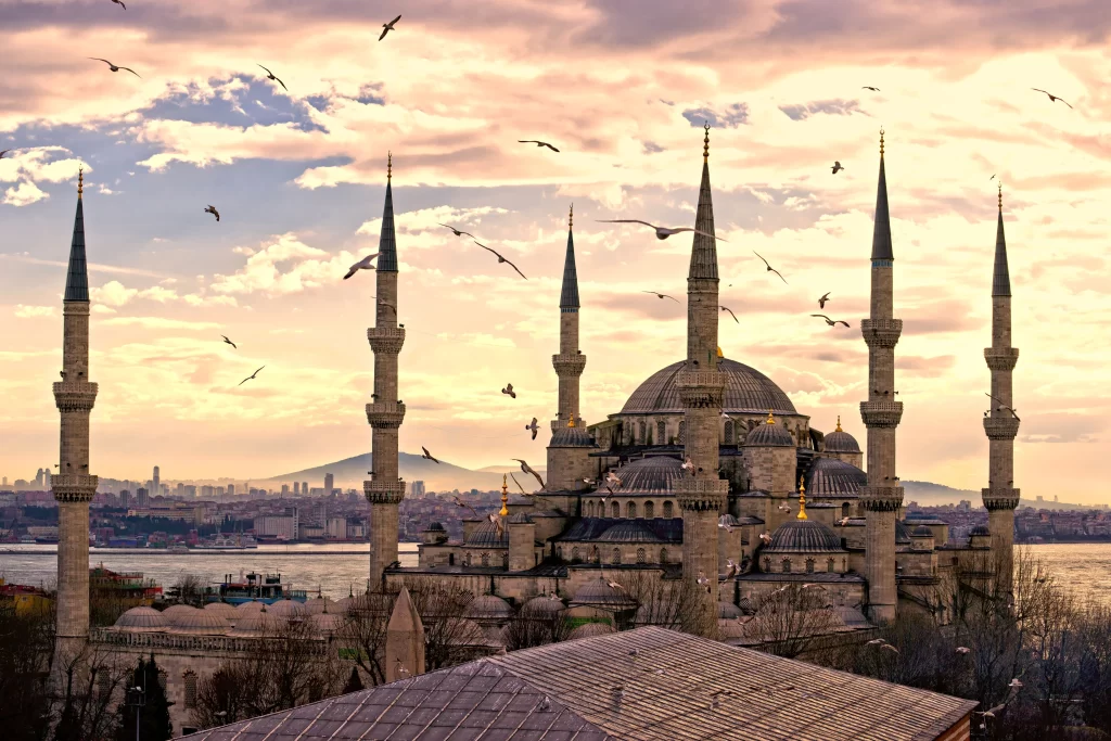 mosque sunset birds cityscape domes minarets
